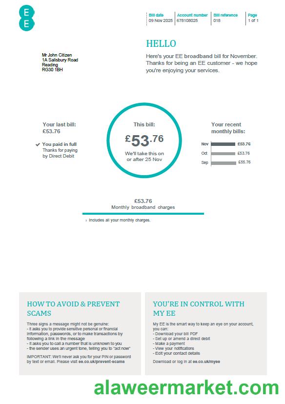 United Kingdom EE utility bill template in Word and PDF formats, version 2